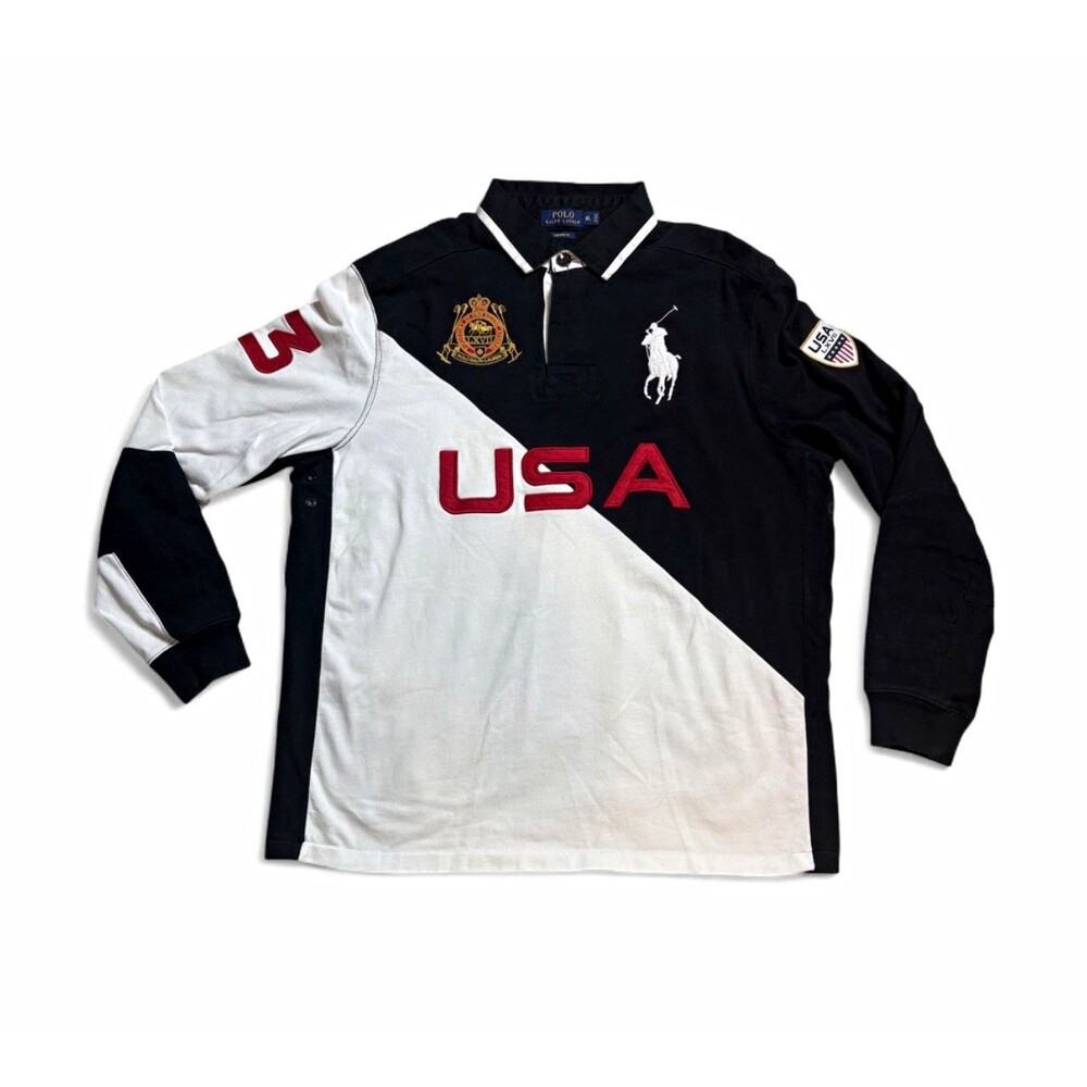 Polo Ralph Lauren USA Big Pony Colorblock Rugby Shirt Black White Size XL